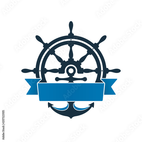 Ship wheel and anchor with label