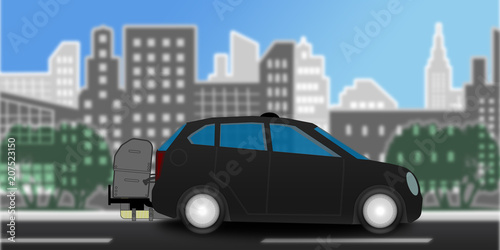 Fototapeta Naklejka Na Ścianę i Meble -  adi69 AutonomousDrivingIllustration - german: Mobile Emissionsmessung auf der Straße mit einem PEMS-Gerät (Portable Emission Measurement System) - english: Real Driving Emissions (RDE) - 2to1 g6166