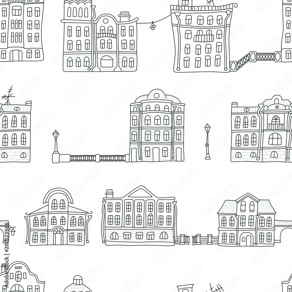 Buildings in the old town. Colorful. Seamless pattern in doodle and cartoon style. Vector