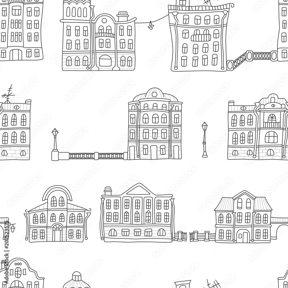 Buildings in the old town. Colorful. Seamless pattern in doodle and cartoon style.