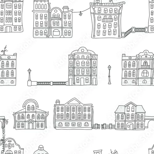 Tapety Budynki na starym mieście. Kolorowy. Wzór w stylu doodle i kreskówki. Wektor