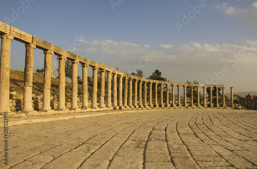 View on Oval Plaza Ancient Roman city of Gerasa of Antiquity, modern Jerash, Jordan