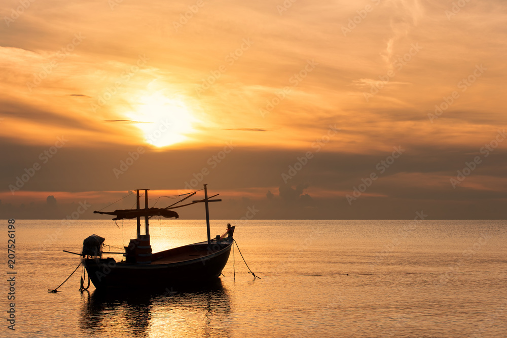 Sunset Over the Sea with Fishing Boat , Beautiful Nature Background from Hua Hin Thailand