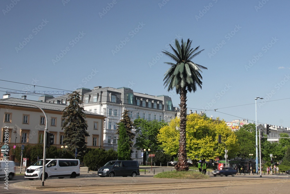 The Artificial palm tree on Charles de Gaulle's traffic circle in the Warsaw downton. One of the most recognizable landmarks in Warsaw, Poland.