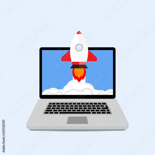Launching startup with laptop. Start rocket
