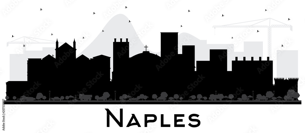 Naples Italy City Skyline with Black Buildings Isolated on White.