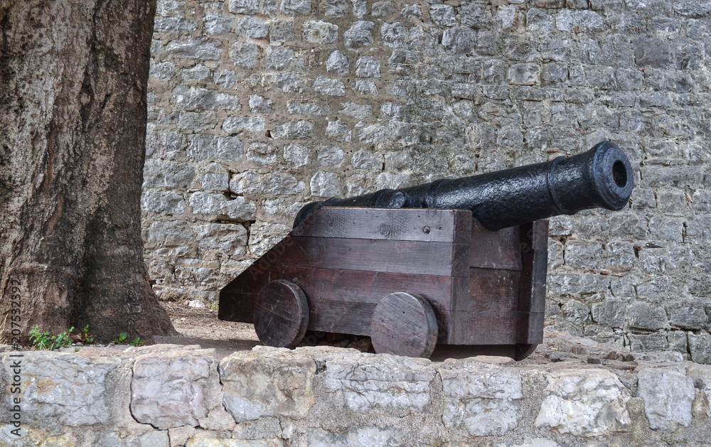 An ancient cannon on a wooden carriage in the fortress.