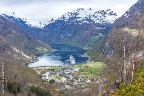 View of Geiranger and a cruise ship in the fjord from Flydalsjuvet, Norway