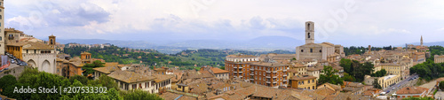 Perugia, Italy - panoramic view of Perugia, capital city of Umbria district, with surrounding mountains and valleys in the background