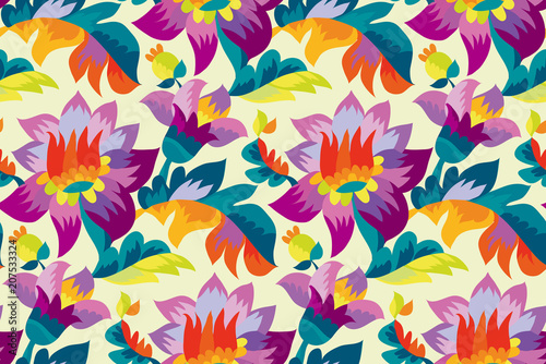 Bright color folk style floral seamless pattern.