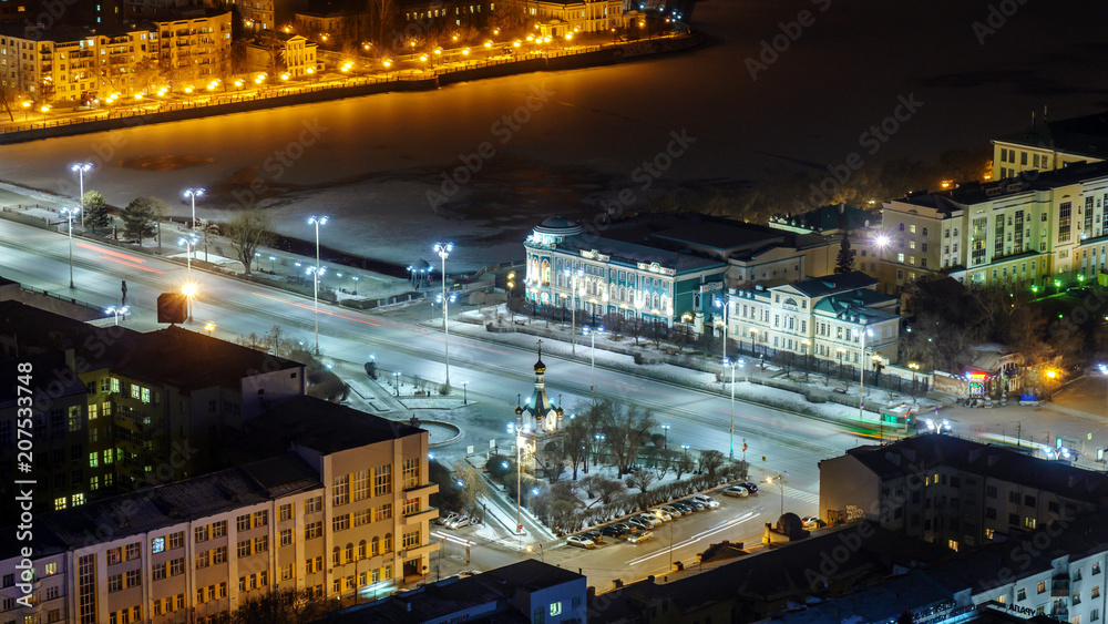 panorama view from Yekaterinburg in the night building Vysotsky 3