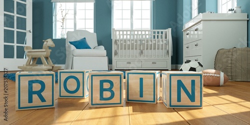 Photos The name robbin written with wooden toy cubes in children's room