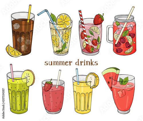 Set of non-alcoholic summer drinks. Lemonade and soda, strawberry and raspberry Mojito, watermelon fresh, banana and kiwi drink. Colorful vector illustration in sketch style.