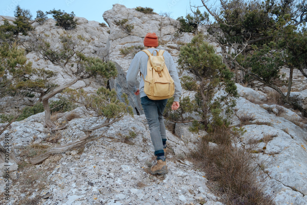 Obraz premium Man with backpack hiking in mountains