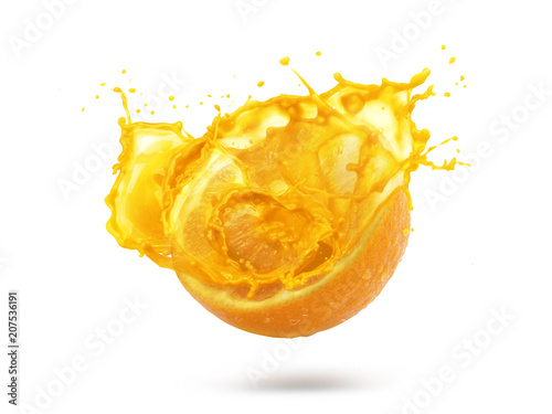 Orange with splashes isolated on white background