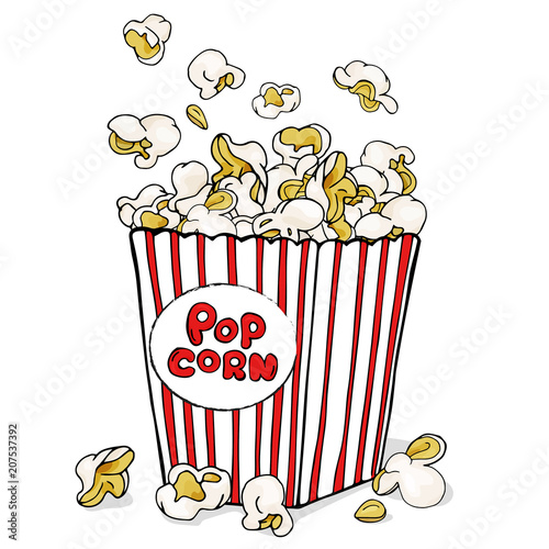 Box of popcorn. Colorful vector illustration on white background in sketch style. For menu, web, poster. Symbol of fastfood, cinema, entertainment.