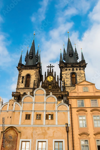 Church of Our Lady before Tyn located in Old Town Square. Gothic architecture on the streets of Prague, Czech Republic