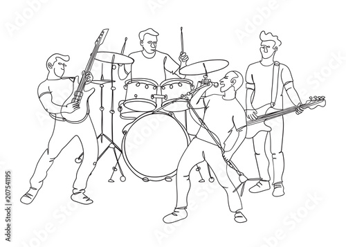 Rock music band illustration in continuous single line drawing style. Dynamic and minimalistic design. Group of musicians playing and singing. 