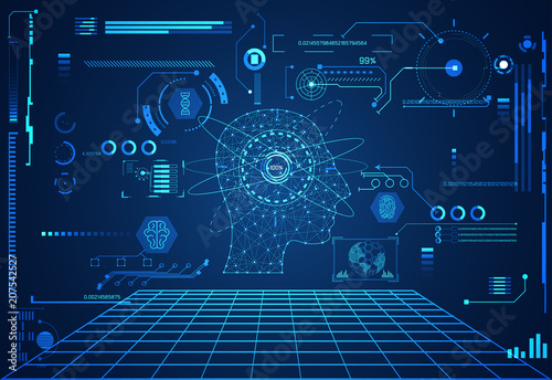 abstract technology ui futuristic concept head hud interface hologram elements of digital health data chart, communication, circle percent vitality innovation on hi tech future design background