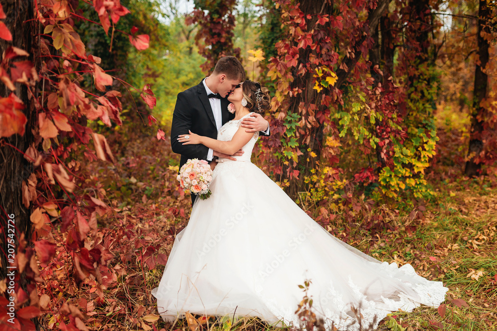 Bride and groom kissing in an autumn park