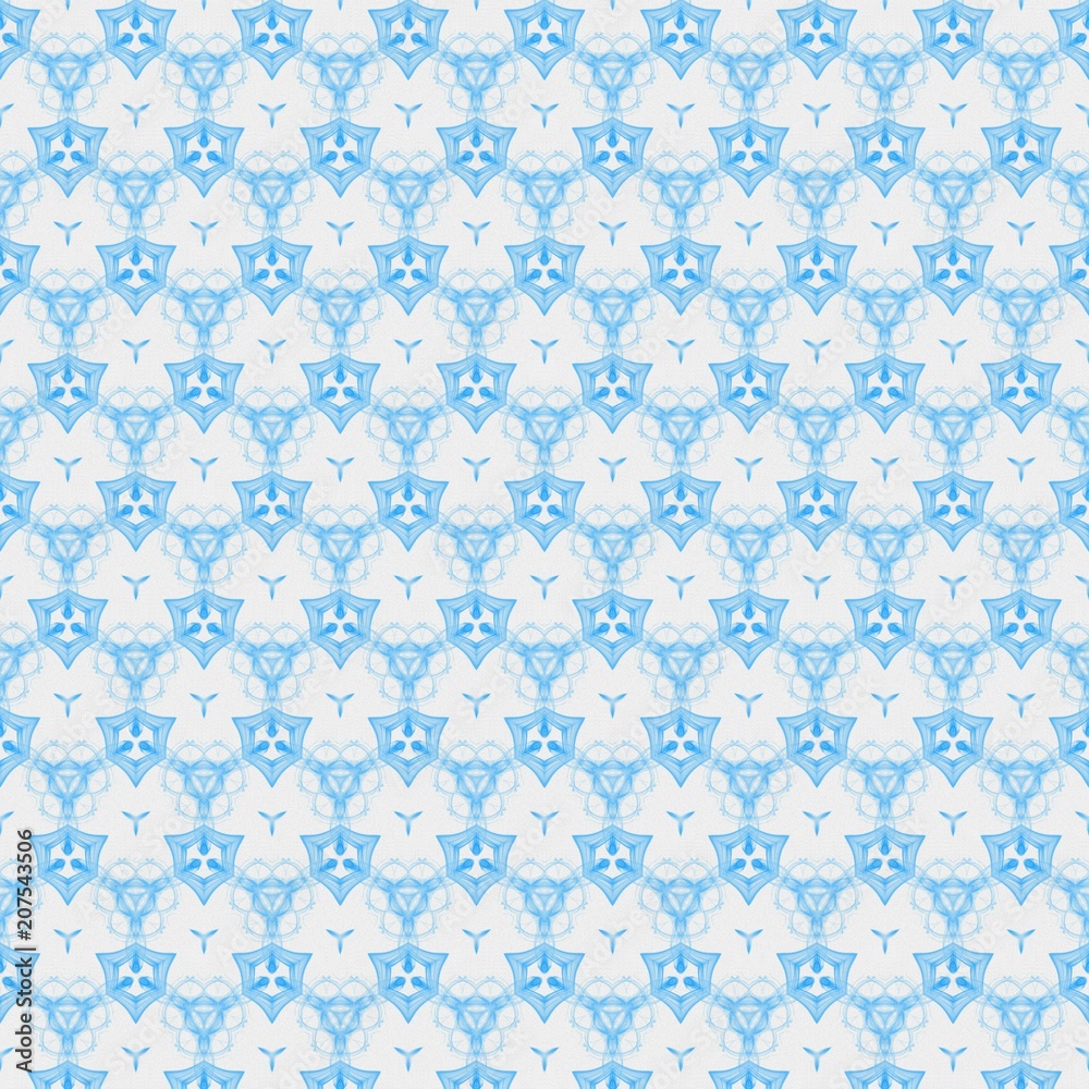 Light blue seamless pattern background. Stencil for printed matter, print on fabric or textile, clothes and ceramic. Creative template for design products decoration. Symmetric kaleidoscope wallpaper