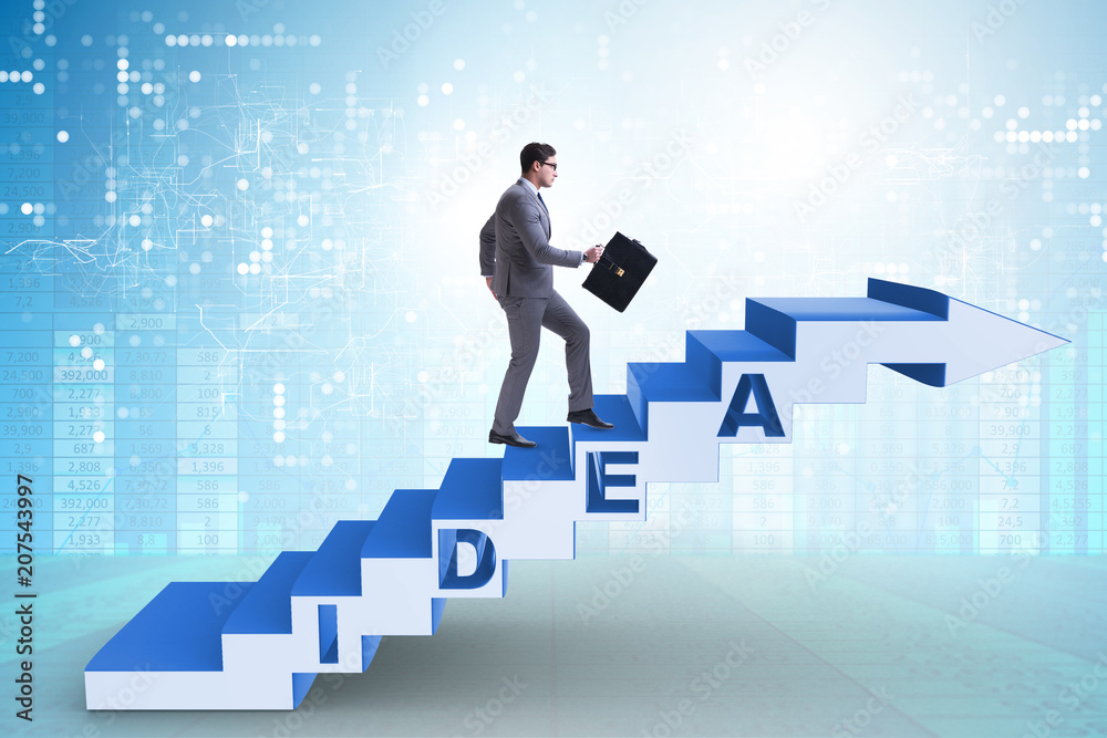 Concept of idea with businessman climbing steps stairs Concept of idea with businessman climbing steps stairs