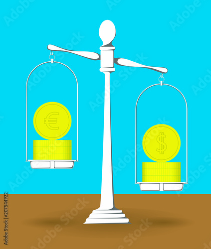 Relationship between dollar and euro with greater value for the dollar represented by a balance inclined in its direction.