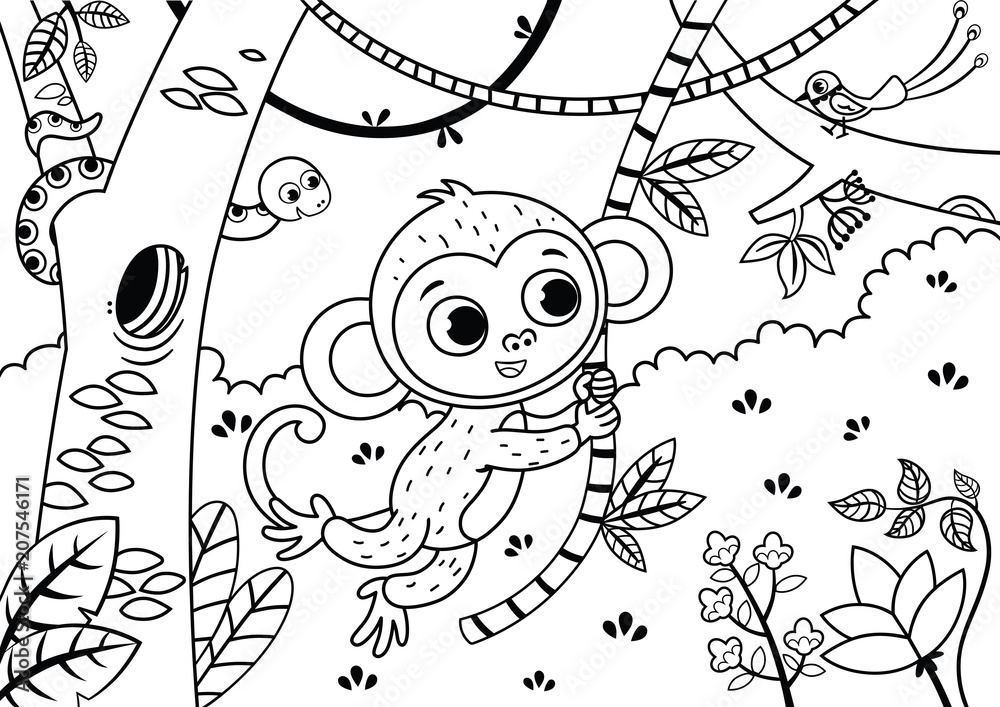 Fototapeta premium Czarno-biały ilustracja cute małpy w dżungli. Ilustracji wektorowych.