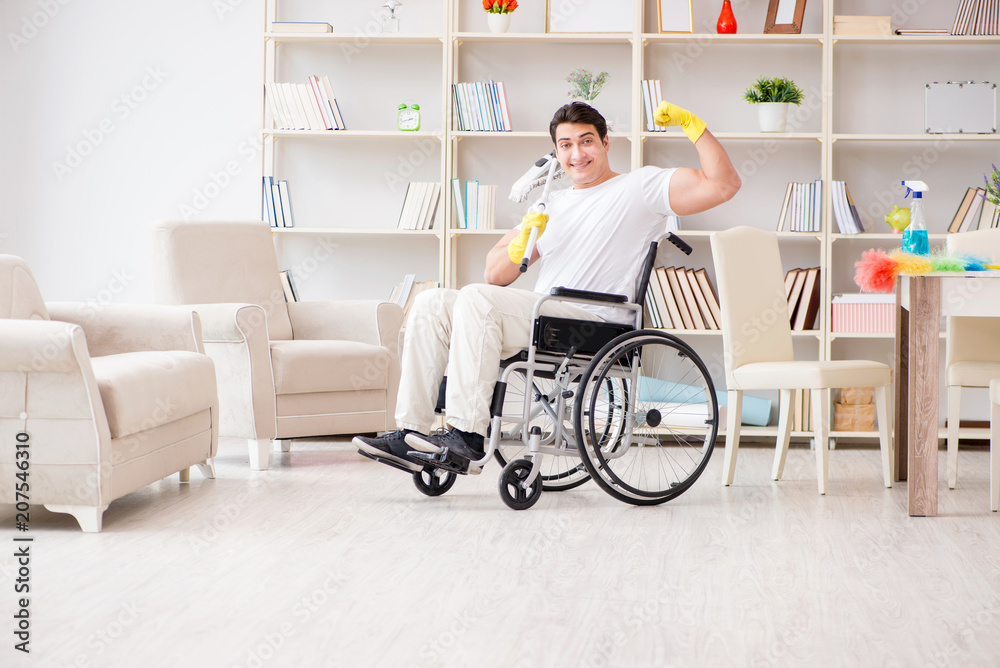 Disabled man cleaning floor at home Disabled man cleaning floor at home