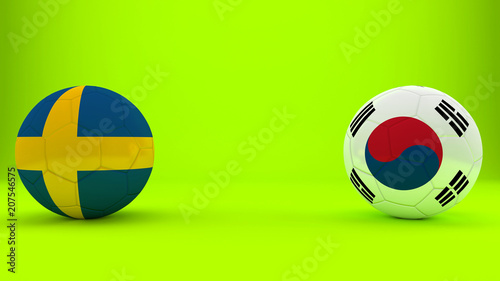 Football match Sweden vs. South Korea. Soccer ball in the form of a flag on a green background. Illustration with space for text. photo