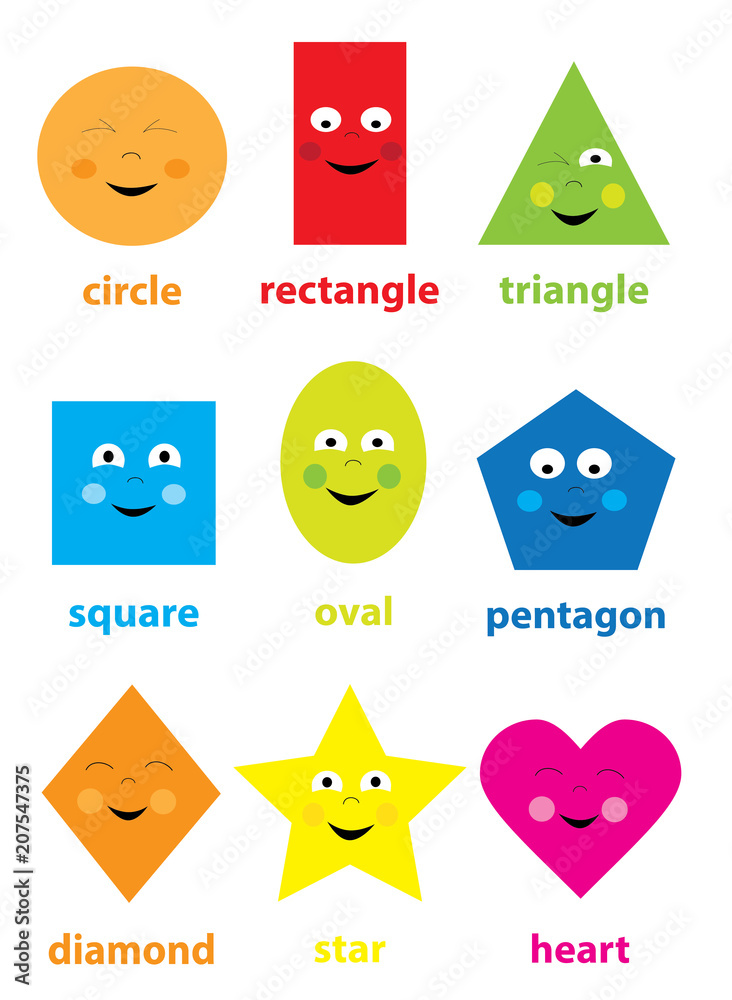 learning collection of funny, cute, smiling basic geometric shapes with cartoon  shapes for children / vectors illustration for kids Stock Vector | Adobe  Stock