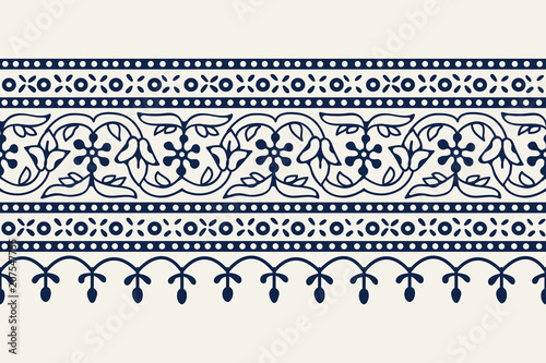 Woodblock printed indigo dye seamless ethnic floral geometric border. Traditional oriental ornament of India Kashmir, flowers wave and arcade motif, navy blue on ecru background. Textile design.