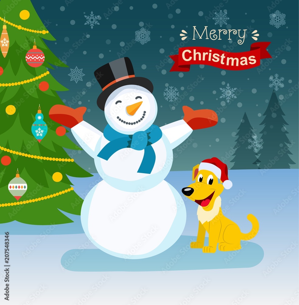 Fototapeta premium Dog, christmas tree and snowman. Vector flat style illustration