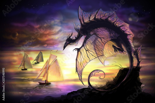 cartoon dragon and sailing vessel in another world