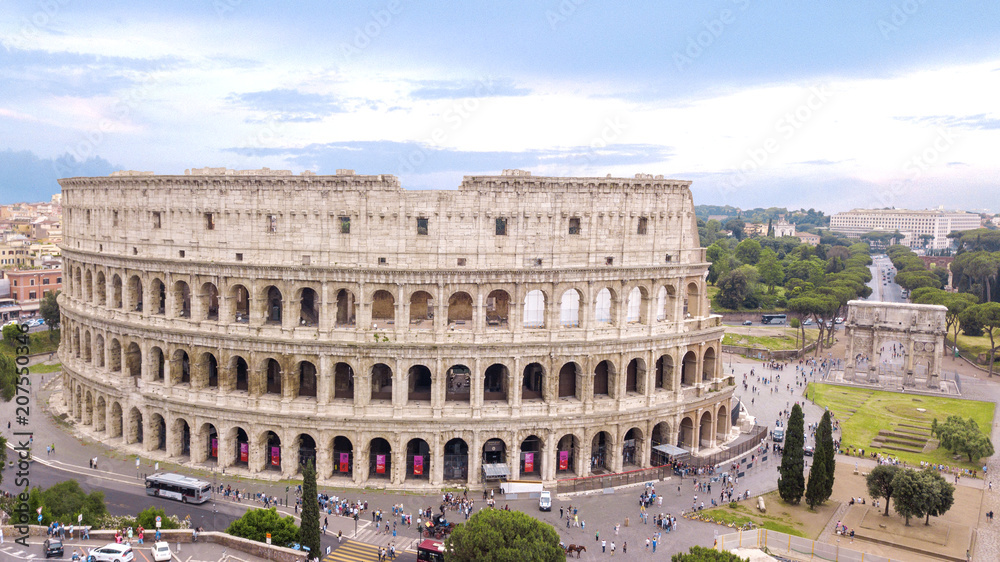 Aerial view of the Colosseum, known as Amphitheatrum Flavium, symbol of the city of Rome, of Italy and one of the seven wonders of the world. In ancient times it was used for gladiatorial shows.
