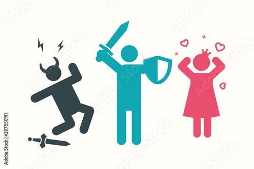 Fairytale Victory Concept. Young Hero Knight Man with Shield and Sword Saves Princess in Love from Dark Enemy Horns. Minimal Color Flat Line Outline Stroke Icon.