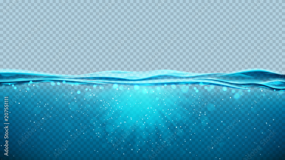 Naklejka premium Przejrzysty podwodny błękitny oceanu tło. Wektorowa ilustracja z głęboką podwodną denną sceną. Baner z powierzchnią wody horyzontu.