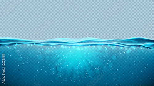 Transparent underwater blue ocean background. Vector illustration with deep underwater sea scene. Banner with with horizon water surface.