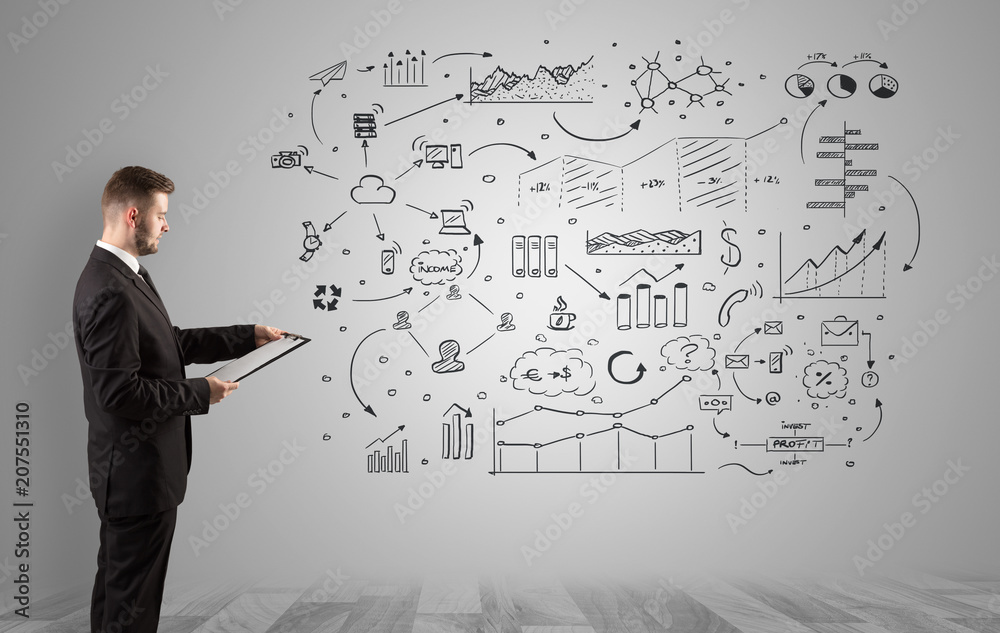 Manager staying and presenting office affairs for someone with graphs, icons reports around
Manager staying and presenting office affairs for someone with graphs, icons reports around