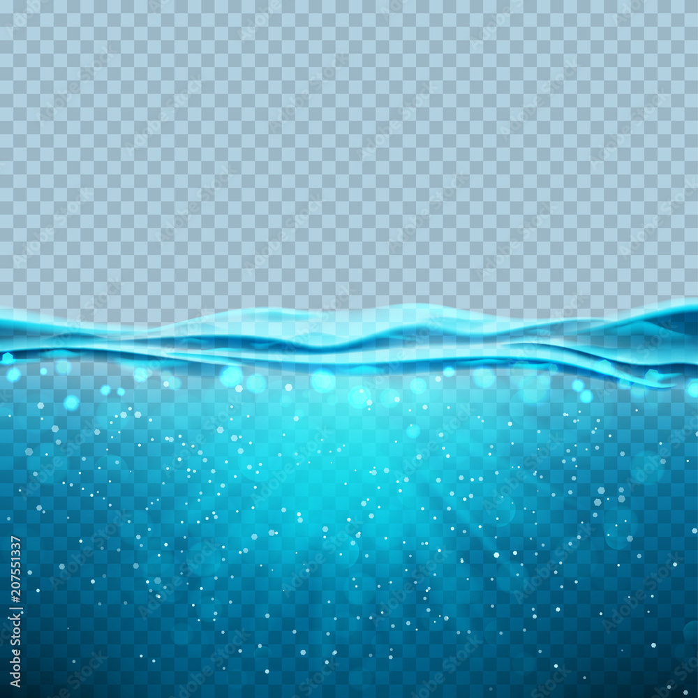 Naklejka premium Transparent podwodny niebieski ocean transparent. Wektorowa ilustracja z głęboką podwodną denną sceną. Tło zz powierzchni wody horyzontu.