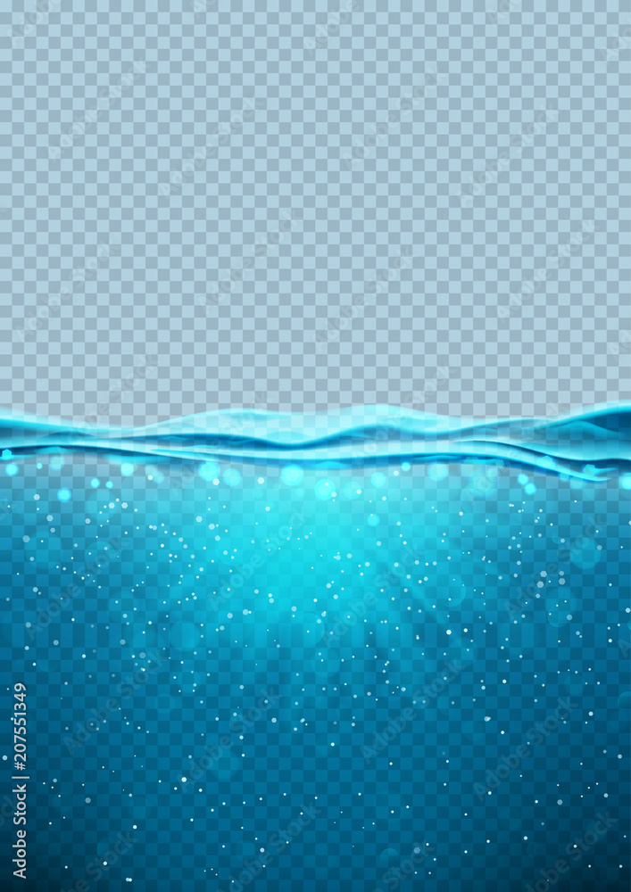 Fototapeta premium Transparent podwodny niebieski ocean pionowy baner. Wektorowa ilustracja z głęboką podwodną denną sceną. Tło zz powierzchni wody horyzontu.