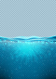 Transparent underwater blue ocean vertical banner. Vector illustration with deep underwater sea scene. Background with with horizon water surface.