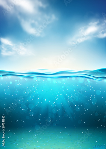 Sea landscape underwater space. Vector illustration with deep underwater ocean scene. Background with realistic clouds horizon water surface.