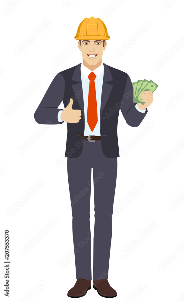 Businessman in construction helmet with cash money and showing thumb up Businessman in construction helmet with cash money and showing thumb up