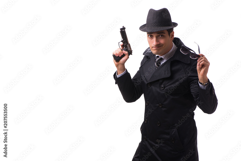 Man spy with handgun isolated on white background Man spy with handgun isolated on white background