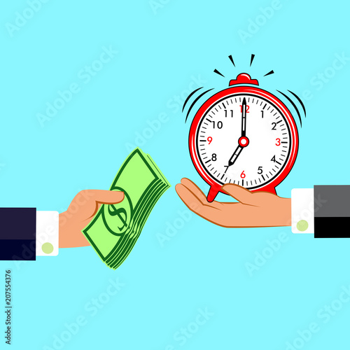 Hands with money and clock. Exchanging concept. Flat design style. Time management. Vector illustration.