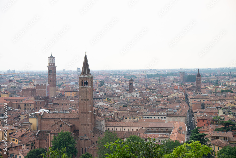 View of Verona skyline in Verona, Italy. View of Santa Anastasia and Torre dei Lamberti.