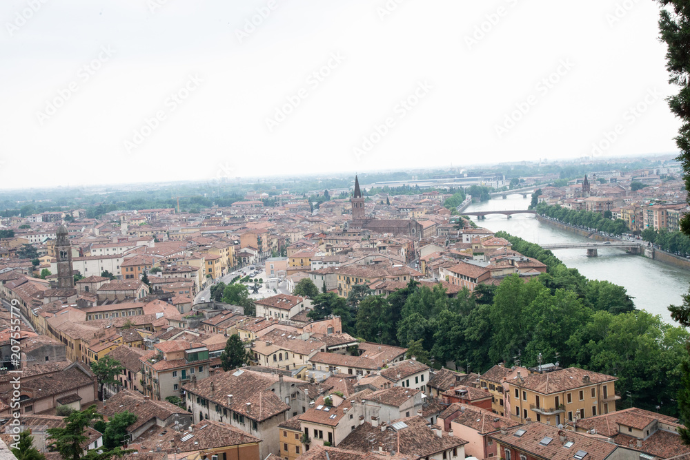 View of Verona skyline in Verona, Italy. View with river adige, santa maria in organ, san tomaso