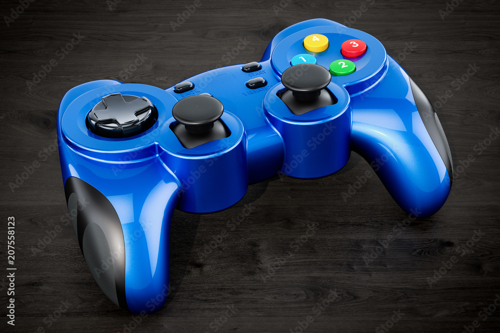 Gamepad, game controller on the wooden table. 3D rendering Gamepad, game controller on the wooden table. 3D rendering