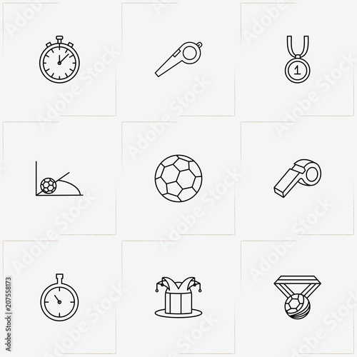 Football line icon set with football corner kick , stopwatch and football fan hat